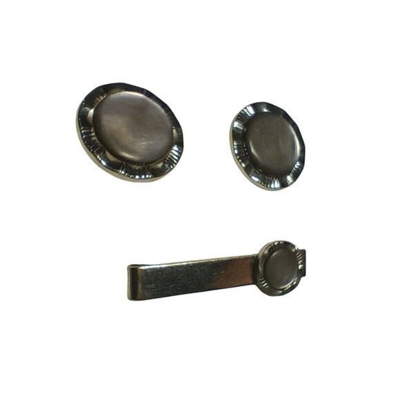 Vintage Cufflinks TIE BAR Set MCM Mens SWANK SMOKEY GRAY PEARLOID Mid Century - Picture 1 of 5